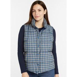 Lands' End Puffer Vest Women's Sz S 6-8 Blue White Plaid Snap Quilted Football